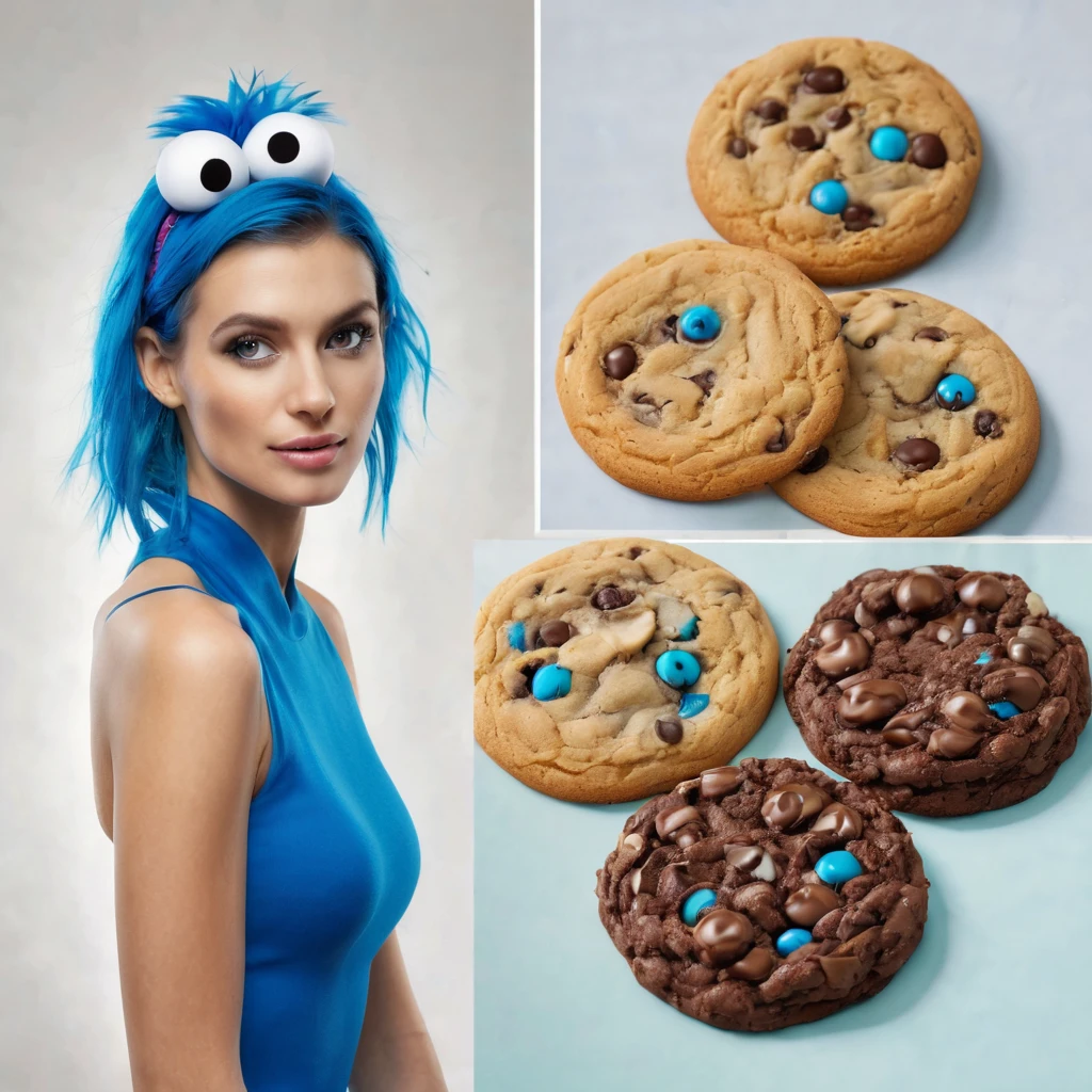 (best quality, highres, ultra-detailed), (realistic:1.37)
Image divided into 8 parts, catalog of different types of "Cookie Monster" next to stunning ponytailed Czech anorexic sexy woman,, (vivid colors), (concept artists), natural lighting