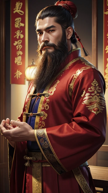 oriental、man in ancient chinese clothes、ancient chinese hairstyle man、three kingdom、multiple warlords、highest quality、masterpiece、ultra high resolution、(realistic:1.4)、game poster、Clear and beautiful image quality、Red clothes、long beard、Embroidered cloth wrapped around a topknot、