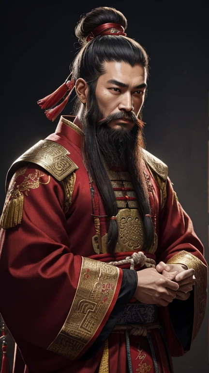 oriental、man in ancient chinese clothes、ancient chinese hairstyle man、three kingdom、multiple warlords、highest quality、masterpiece、ultra high resolution、(realistic:1.4)、game poster、Clear and beautiful image quality、Red clothes、long beard、Embroidered cloth wrapped around a topknot、