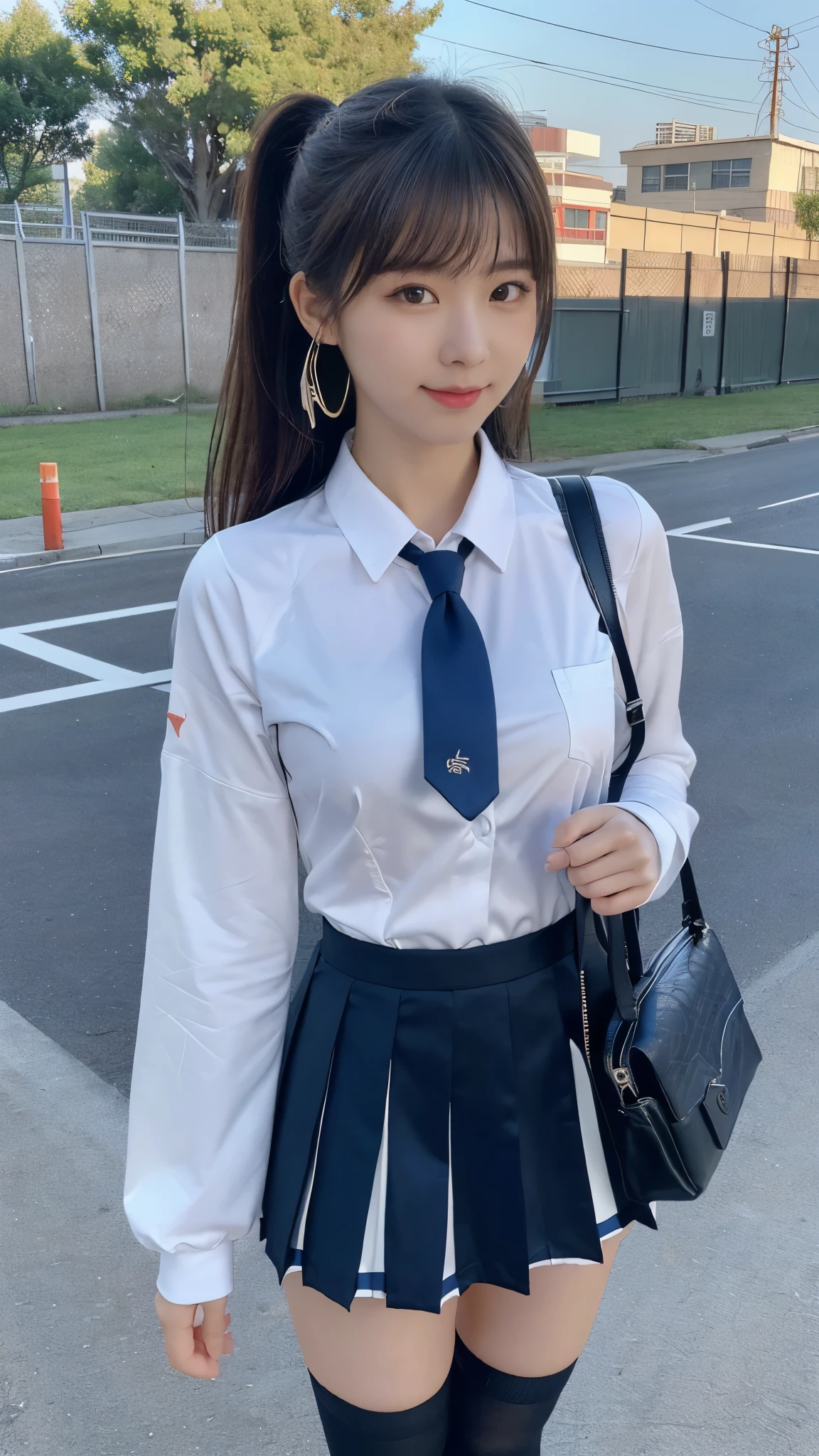 mix 4, (16K, Raw photo, best image quality, masterpiece: 1.45), (realistic, Photoreal: 1.37), one girl, cute, cityscape,, professional lighting, photon mapping, school classroom, Physically based rendering, dark brown hair,ponytail hairstyle, Beautiful well-groomed eyes、((double eyelid))、super cute girl, (((school uniform、blazer、Long-sleeved shirts worn by Japanese high school girls、ribbon tie、Navy blue super super super mini skirt,、dark blue socks、black loafers))), highest quality photos, High resolution, 1080P, (clear face), (Detailed facial description), (detailed description of hands), (masterpiece), (Detailed CG)、extreme light and shadow、messy hair、master work、Rich details、(detailed facial features)、(highest quality photos)、(Masseter muscle part)、(detailed eye)、look in front of you、thin clavicle、((slender and big))、(((Japanese high school girls wear long-sleeved shirts)))、((neat idol))、((school gate、schoolyard、School building in the background))、(Take photos from random viewpoints)、(((Anyway it's cute)))、earrings、big smile、Draw the whole body from the knees、Do not draw fine lines、(((Sports bags used by Japan schoolgirls)))、(small breasts:1.2)、small buttocks with tension、Two arms and two legs、(((from the front:0.7)))、bare hands、(((symmetrical eyes)))、standing pose、put your hands on the desk、Do not remove the tie from the jacket、