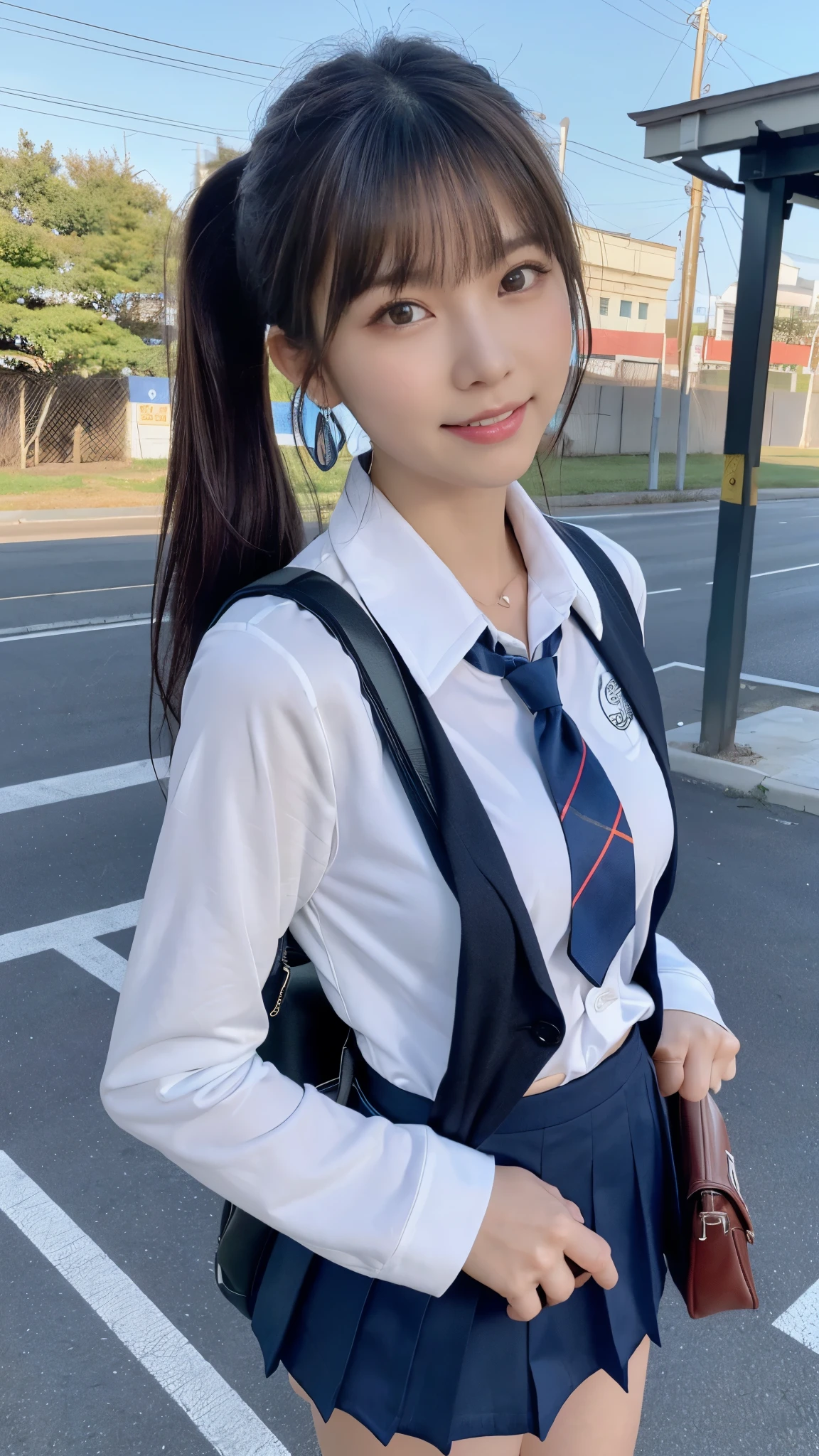 mix 4, (16K, Raw photo, best image quality, masterpiece: 1.45), (realistic, Photoreal: 1.37), one girl, cute, cityscape,, professional lighting, photon mapping, school classroom, Physically based rendering, dark brown hair,ponytail hairstyle, Beautiful well-groomed eyes、((double eyelid))、super cute girl, (((school uniform、blazer、Long-sleeved shirts worn by Japanese high school girls、ribbon tie、Navy blue super super super mini skirt,、dark blue socks、black loafers))), highest quality photos, High resolution, 1080P, (clear face), (Detailed facial description), (detailed description of hands), (masterpiece), (Detailed CG)、extreme light and shadow、messy hair、master work、Rich details、(detailed facial features)、(highest quality photos)、(Masseter muscle part)、(detailed eye)、look in front of you、thin clavicle、((slender and big))、(((Japanese high school girls wear long-sleeved shirts)))、((neat idol))、((school gate、schoolyard、School building in the background))、(Take photos from random viewpoints)、(((Anyway it&#39;s cute)))、earrings、big smile、Draw the whole body from the knees、Do not draw fine lines、(((Sports bags used by Japan schoolgirls)))、(small breasts:1.2)、small buttocks with tension、Two arms and two legs、(((from the front:0.7)))、bare hands、(((symmetrical eyes)))、standing pose、put your hands on the desk、Do not remove the tie from the jacket､