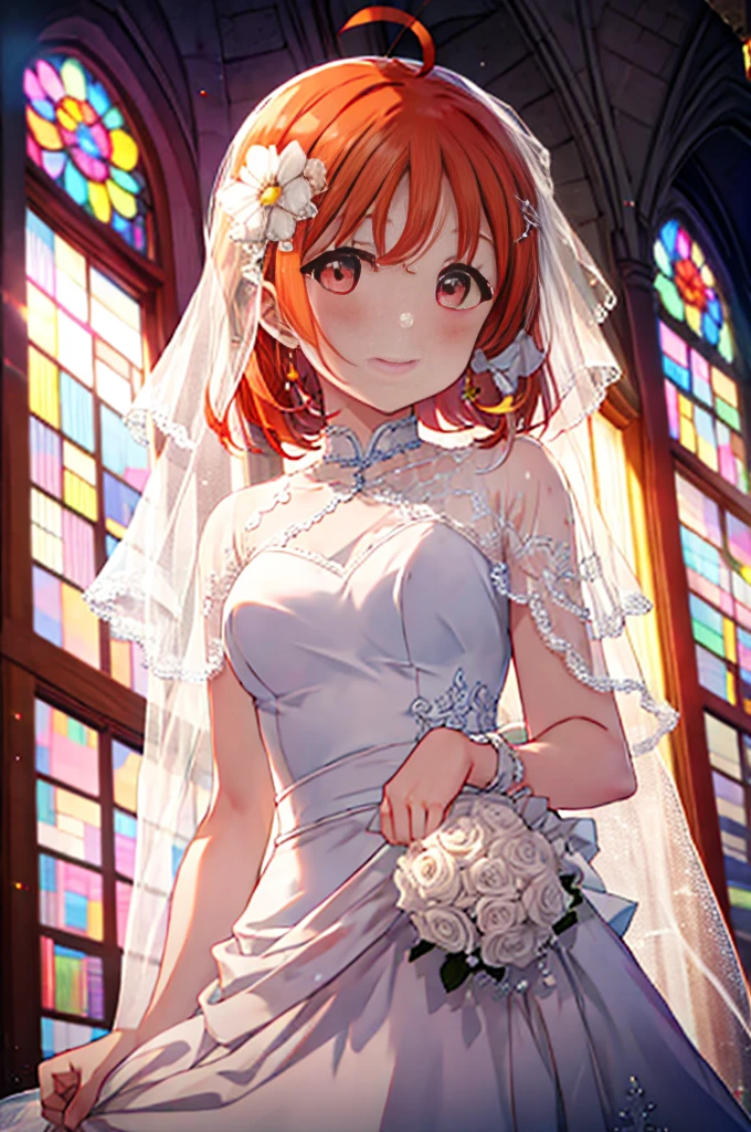 highest quality, masterpiece, High resolution, alone, {Chika Takami　　love live sunshine:1.15}, orange hair, red eye, long hair, Ahoge,  , big breasts, 1 girl,Wedding dress,veil,bouquet,church,chapel,Sunlight,blush,smile