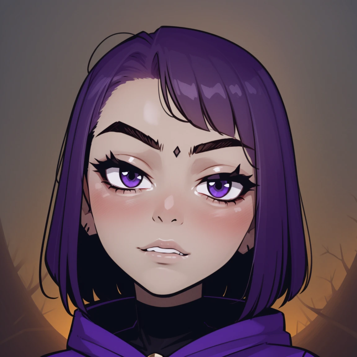 Raven,  titans, hooded, goth girl, autumn forest background, detailed, detailed, detailed, beautiful, detail, goth girl, masterpiece, purple clothes, red jewel centre head, dark night background, gothic, goth, goth, detailed, goth girl, piercings, detailed face, looking viewer, raven, (Dark eye shadow) dark eye shadow, black eye shadow,