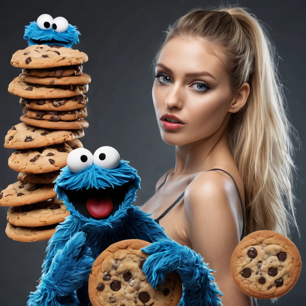 (best quality, highres, ultra-detailed), (realistic:1.37)
Image divided into 8 parts, catalog of different types of "Cookie Monster" next to stunning ponytailed Czech anorexic sexy woman,, (vivid colors), (concept artists), natural lighting