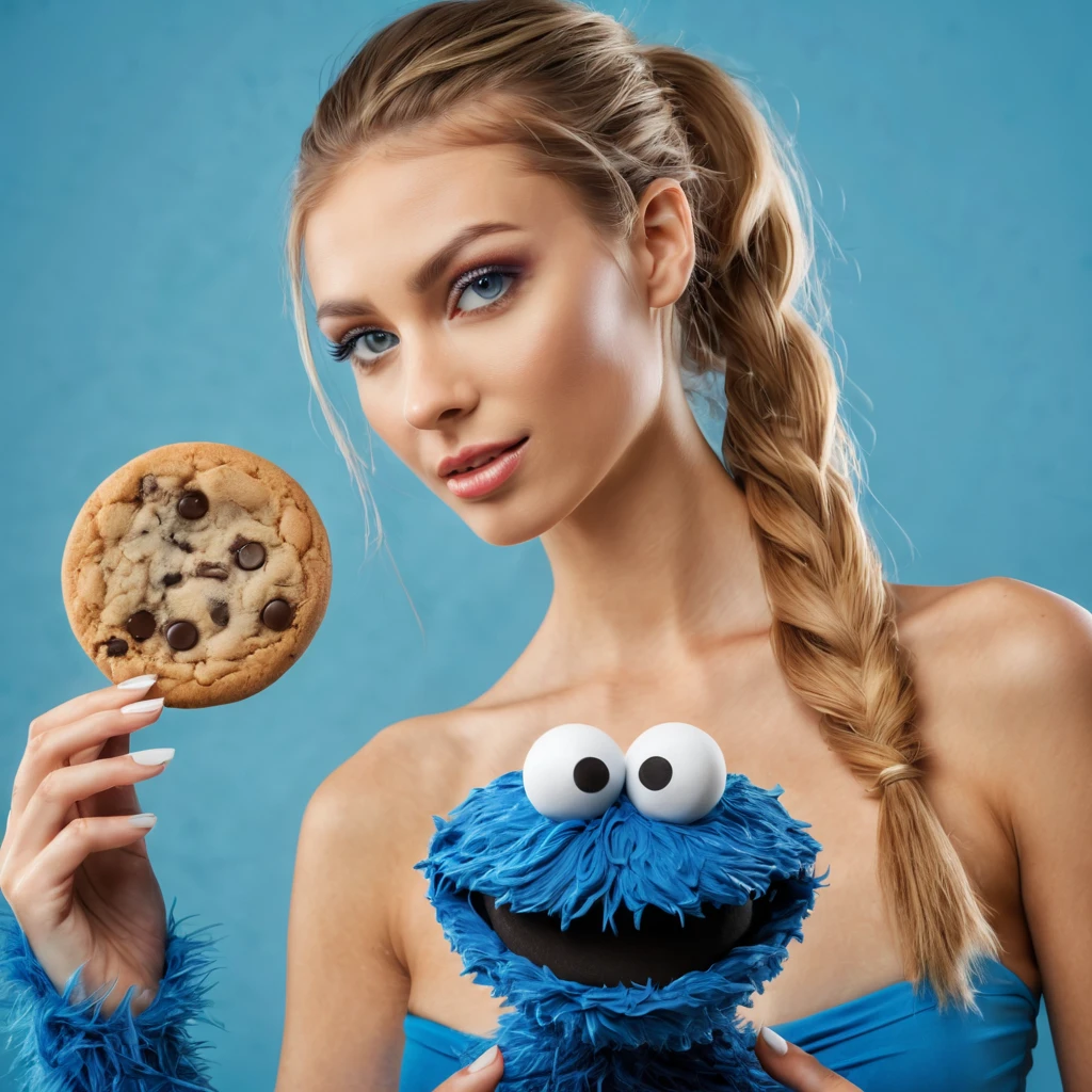 (best quality, highres, ultra-detailed), (realistic:1.37)

Image divided into 8 parts, catalog of different types of "Cookie Monster" next to stunning ponytailed Czech anorexic sexy woman,, (vivid colors), (concept artists), natural lighting