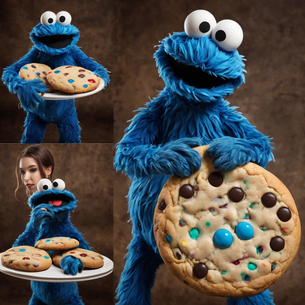 (best quality, highres, ultra-detailed), (realistic:1.37)
Image divided into 8 parts, catalog of different types of "Cookie Monster" next to stunning ponytailed Czech anorexic sexy woman,, (vivid colors), (concept artists), natural lighting