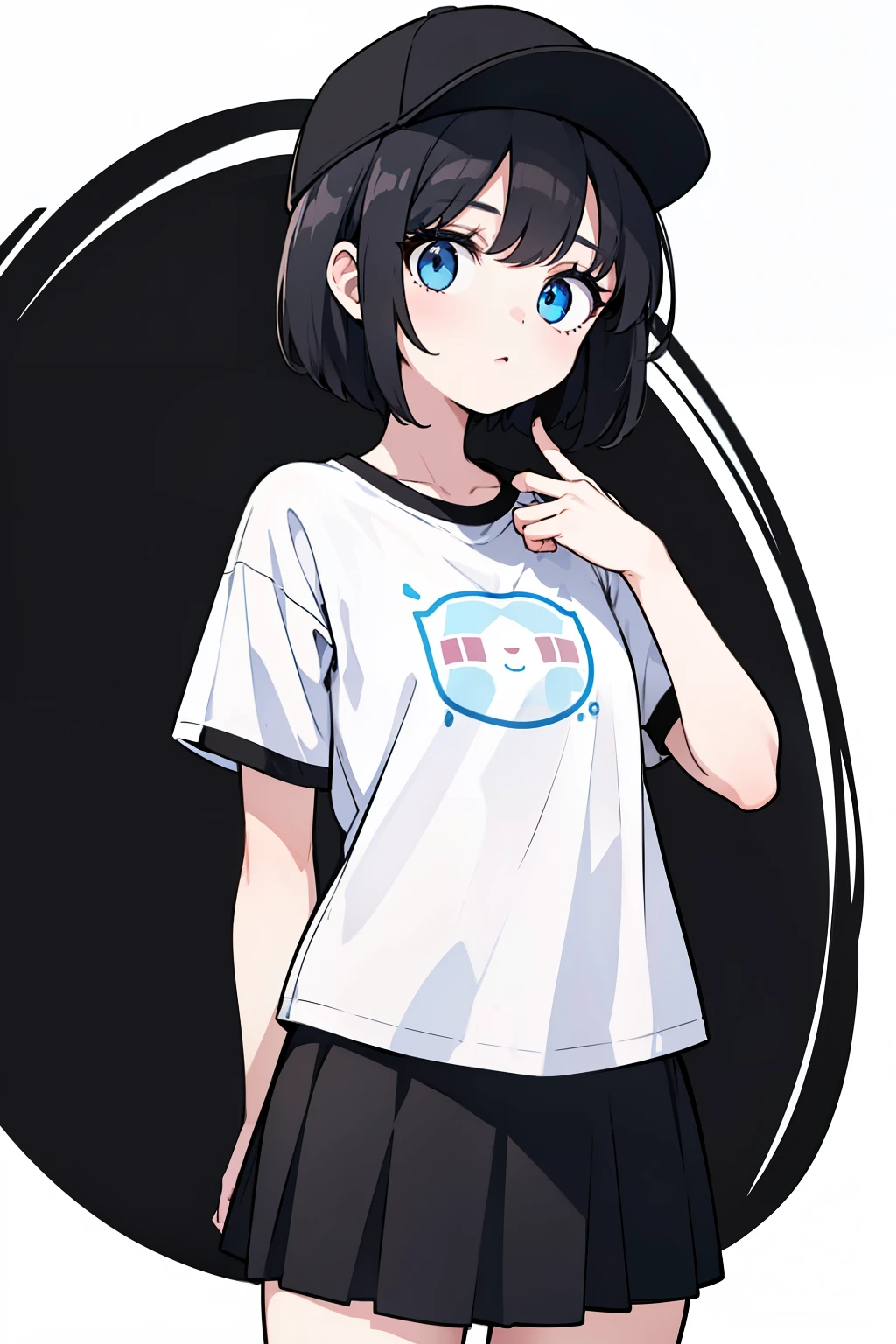 1girl, solo, blue eyes, (detailed eyes), flat chest, short hair, black hair, baseball cap, white cap, ((black t-shirt)), simple t-shirt, black skirt, black socks, standing, upper body, (white background), Transparent background, looking down, ((masterpiece, illustration, best quality))