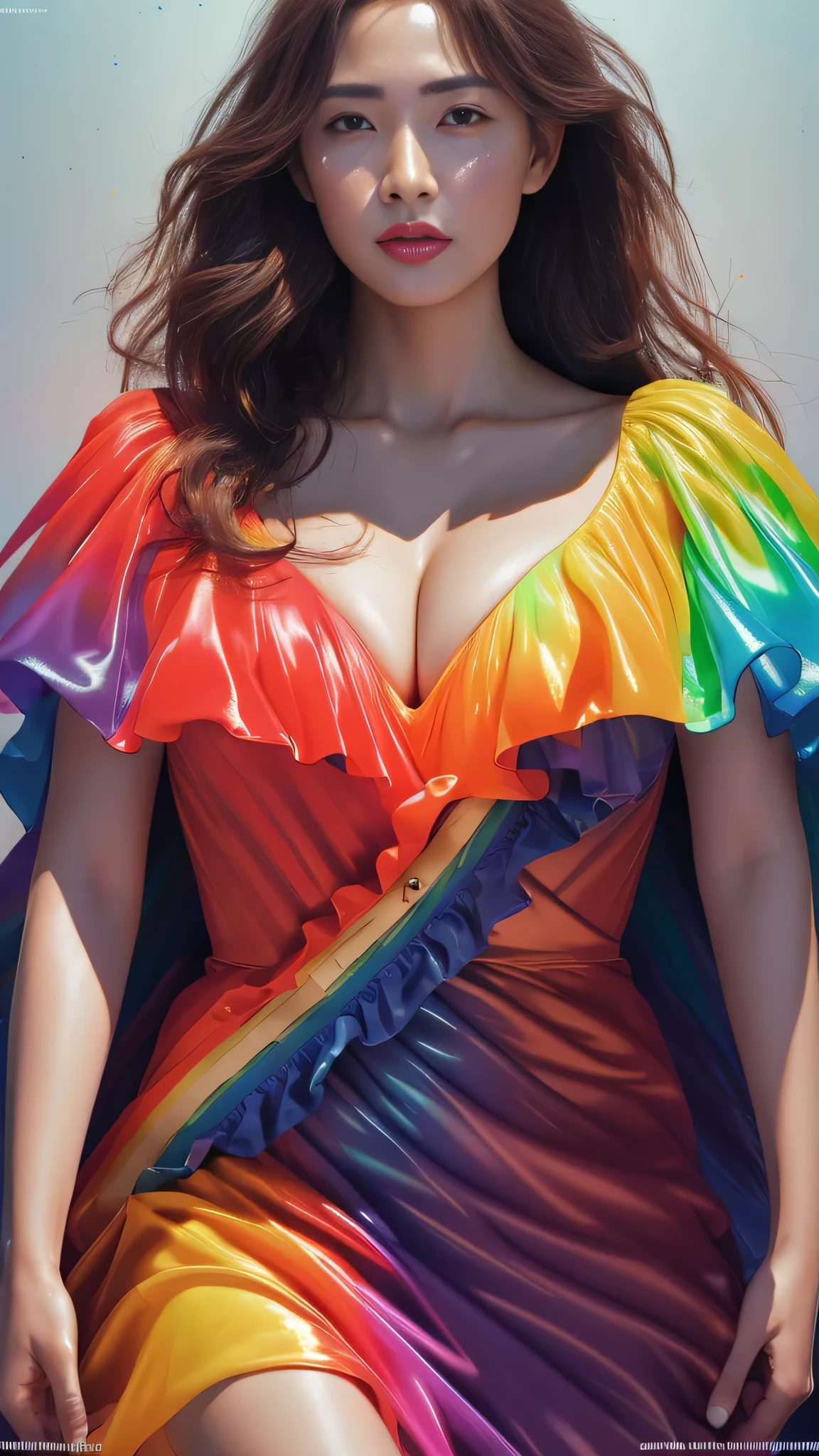 (masterpiece, top quality, super high res, very detailed, sharp focus, perfect feminine face, hourglass fog), (portrait: 1.4), shiny skin, (rainbow dress: 1.5), Detailed background, (accurate anatomy body and hands), round cute face, perfect face, brown eyes, beautiful face, perfect proportions, big breasts, thin waist, navel, crotch gap, thighs, relaxed and soft Poses, kind smiles, talking to the viewer, amazing amazing details, rich colors, realistic textures, dramatic lighting, unrealistic engines, Art Station Trends, Art Station Trends, Cinestill 800 Tungsten, Pixten trends, Sakimi Chan, George Kamitani, Akira Yasuda, Alfon, Greg Gratkoski, Gil Elfgren, William Adolph Bougeleau, Greg Latkowski