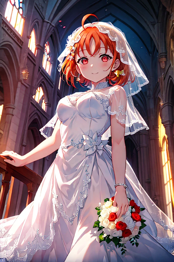 highest quality, masterpiece, High resolution, alone, {Chika Takami　　love live sunshine:1.15}, orange hair, red eye, long hair, Ahoge,  , big breasts, 1 girl,Wedding dress,veil,bouquet,church,chapel,Sunlight,blush,smile