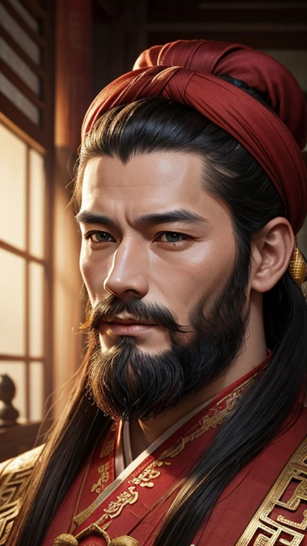 oriental、man in ancient chinese clothes、ancient chinese hairstyle man、three kingdom、multiple warlords、highest quality、masterpiece、ultra high resolution、(realistic:1.4)、game poster、Clear and beautiful image quality、Red clothes、long beard、Embroidered cloth wrapped around a topknot、indoor