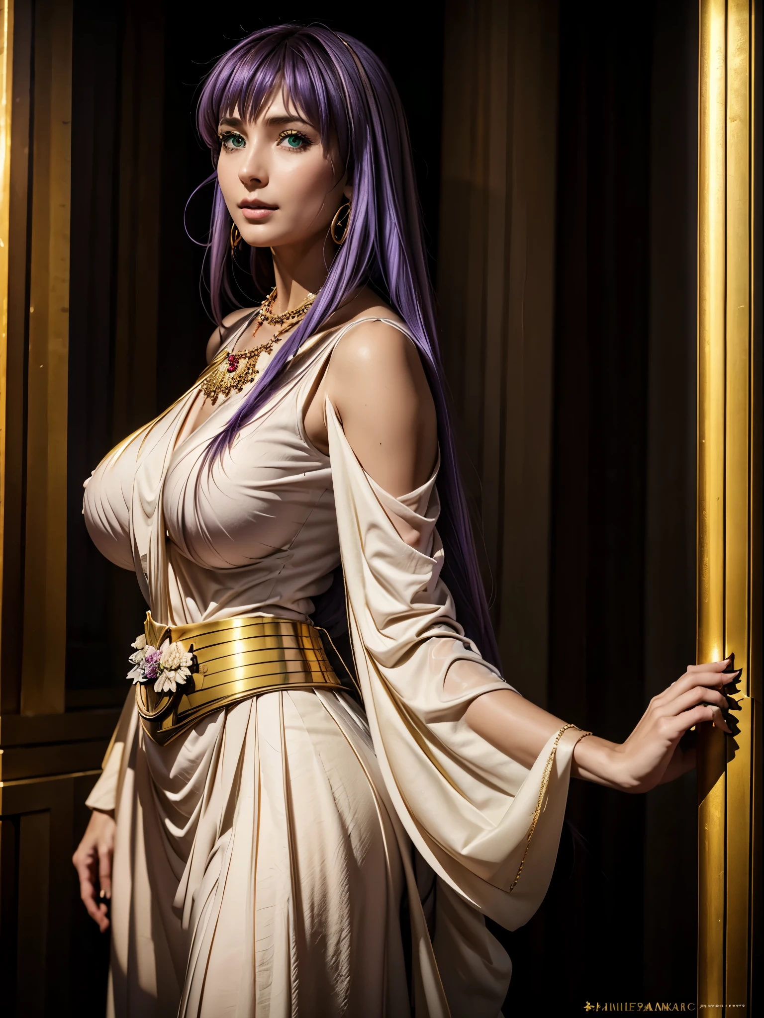 Masterpiece, best quality, 8k, ultra detailed, !(Sasha Atena, beautiful woman goddess, long, straight purple hair, !(light green eyes), perfect body, big breast. Her clothing consists of: A white dress with golden details, which symbolizes her purity and divinity. The dress has a long, pleated skirt, which gives it an elegant and majestic look. The neckline is round and modest, and the sleeves are short and puffy. (The dress also has a golden belt with a flower-shaped buckle, which holds a red cloth hanging from behind). A golden necklace with a heart-shaped pendant, expressing her love for her warriors and her friends. A pair of golden star-shaped earrings, which reflect your light and your hope)
