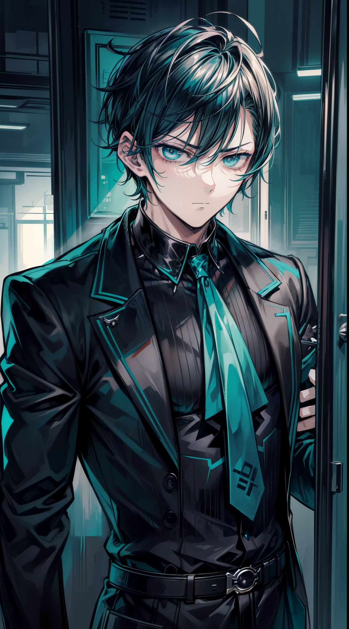 (flat color:1.1),(masterpiece:1.2), best quality, masterpiece, original, black spiked hair, short hair, (handsome man with teal eyes looking at camera:1.2), (1man:1.5), (longing expression:1.4), (dark eyebags:1.2), nervous expression, scientist, dark mood, dark atmosphere