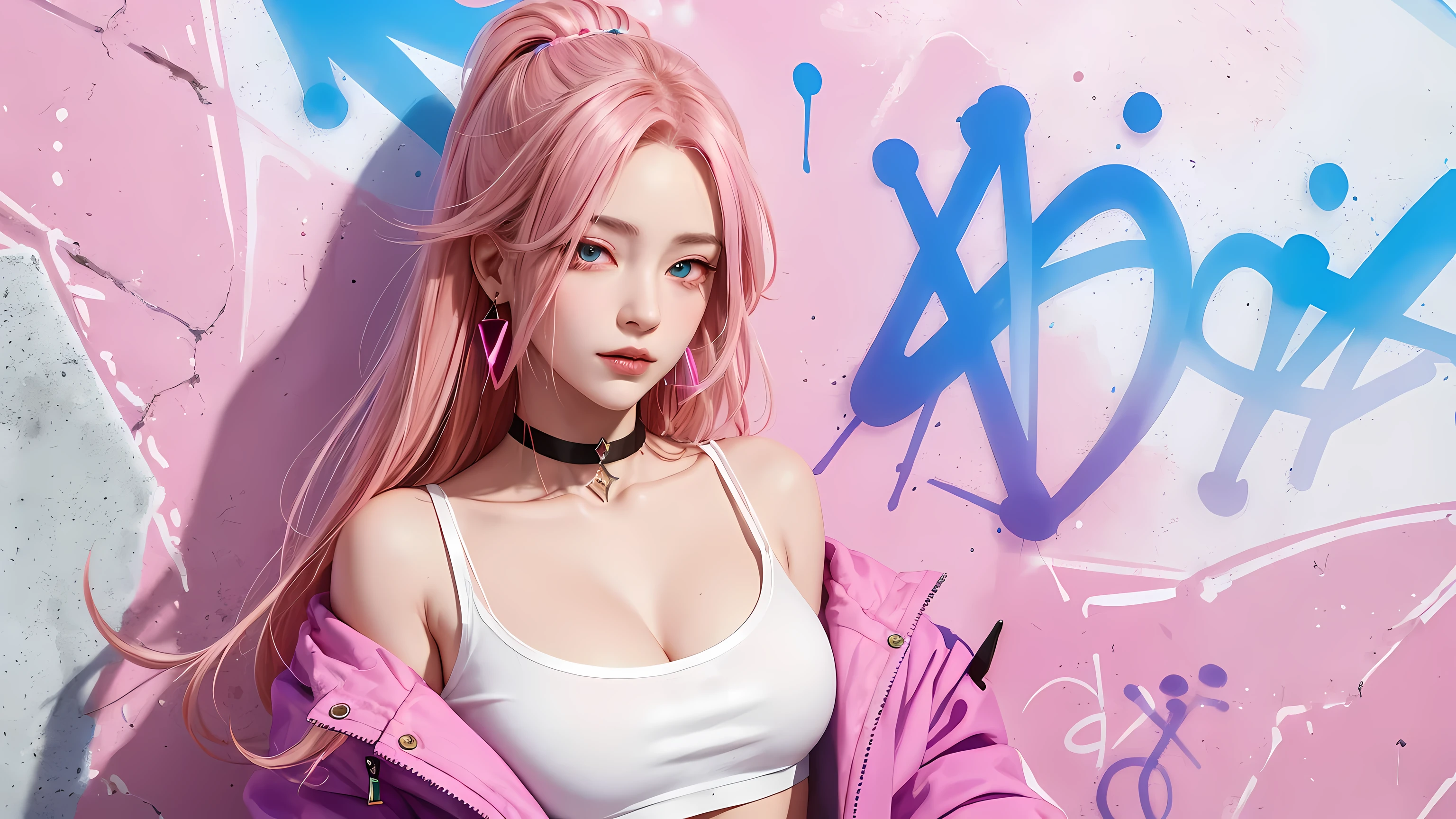(Masterpiece, best quality, 1 girl, alone, complicated details, Chromatic aberration), realistic, ((Moderate breath)),long hair, pink hair, Red headpiece, Pink Highlights, hair on one eye,purple eyes, earring, sharp eyes, choker, Neon coat, She wears a collar, bangle, and kimono style garters., crop top, (symmetrical eyes),(Perfect symmetrical body),against the wall, Brick wall, (colorful graffiti words on the wall:1.2), The light is dim., alley ,Look at the viewer.、Dig the chest、smile、(sleeveless、Navel touch、Fitted turtleneck.)、street string hot pants、Thin bottom、Please build above the eaves..、Thin shoulders、