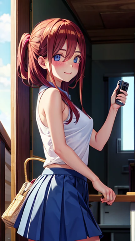 Highest image quality、cute face、smile、、small tits,tennis wear、skirt、white panties、Camera angle from below、white panties見えてる、