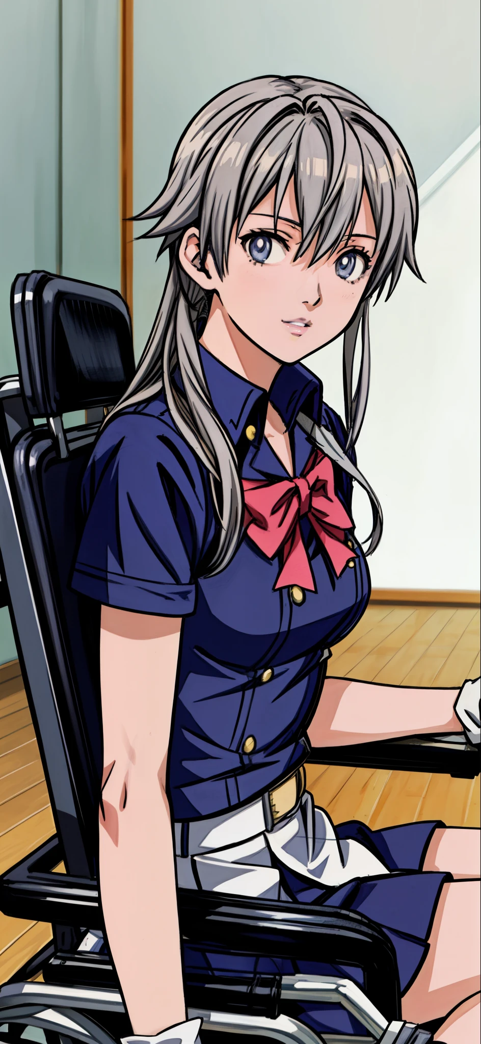 (highest quality,4K,8K,High resolution,table top:1.2), Super detailed, (realistic,photorealistic,photo-realistic:1.37), ((face close-up)),((upper body)),sickly beautiful girl, panic, I was surprised,((gray hair color)),((medium long hair)), ((Being in a wheelchair)),((hair above the eyes)),((high school girl uniform)),((Wear black open finger gloves)),espadrilles,beautiful and detailed eyes, beautiful detailed lips, highly detailed eyes and face, long eyelashes, realistic anime 3D style, Smooth anime CG art, Digital rendering by Makoto Shinkai, Moe anime art style, photorealistic rendering of an anime girl, Shinkai Makoto style, Cute anime girl visuals, realistic young anime girl, girl fan art, Created by Anime Artist'studio of.