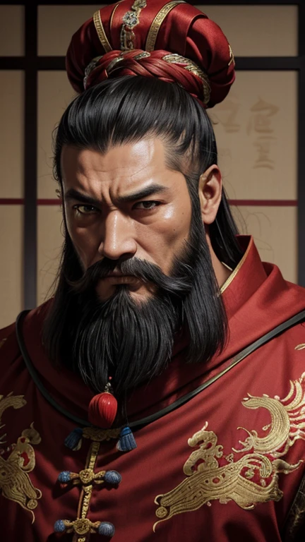 oriental、man in ancient chinese clothes、ancient chinese hairstyle man、three kingdom、multiple warlords、highest quality、masterpiece、ultra high resolution、(realistic:1.4)、game poster、Clear and beautiful image quality、Red clothes、long beard、Embroidered cloth wrapped around a topknot、indoor、angry face