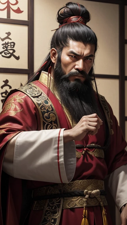 oriental、man in ancient chinese clothes、ancient chinese hairstyle man、three kingdom、multiple warlords、highest quality、masterpiece、ultra high resolution、(realistic:1.4)、game poster、Clear and beautiful image quality、Red clothes、long beard、Embroidered cloth wrapped around a topknot、indoor、angry face