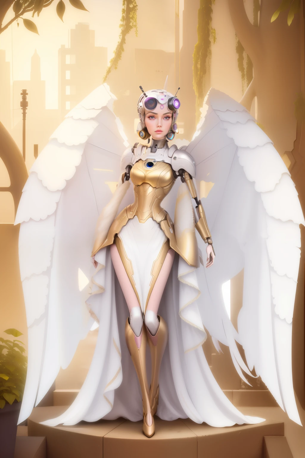 A beautiful female android robot thinking, herb ritts style, 50s style, colored, perfect light-pink iris, identical size and shape eyes and pupils, antennae earrings,