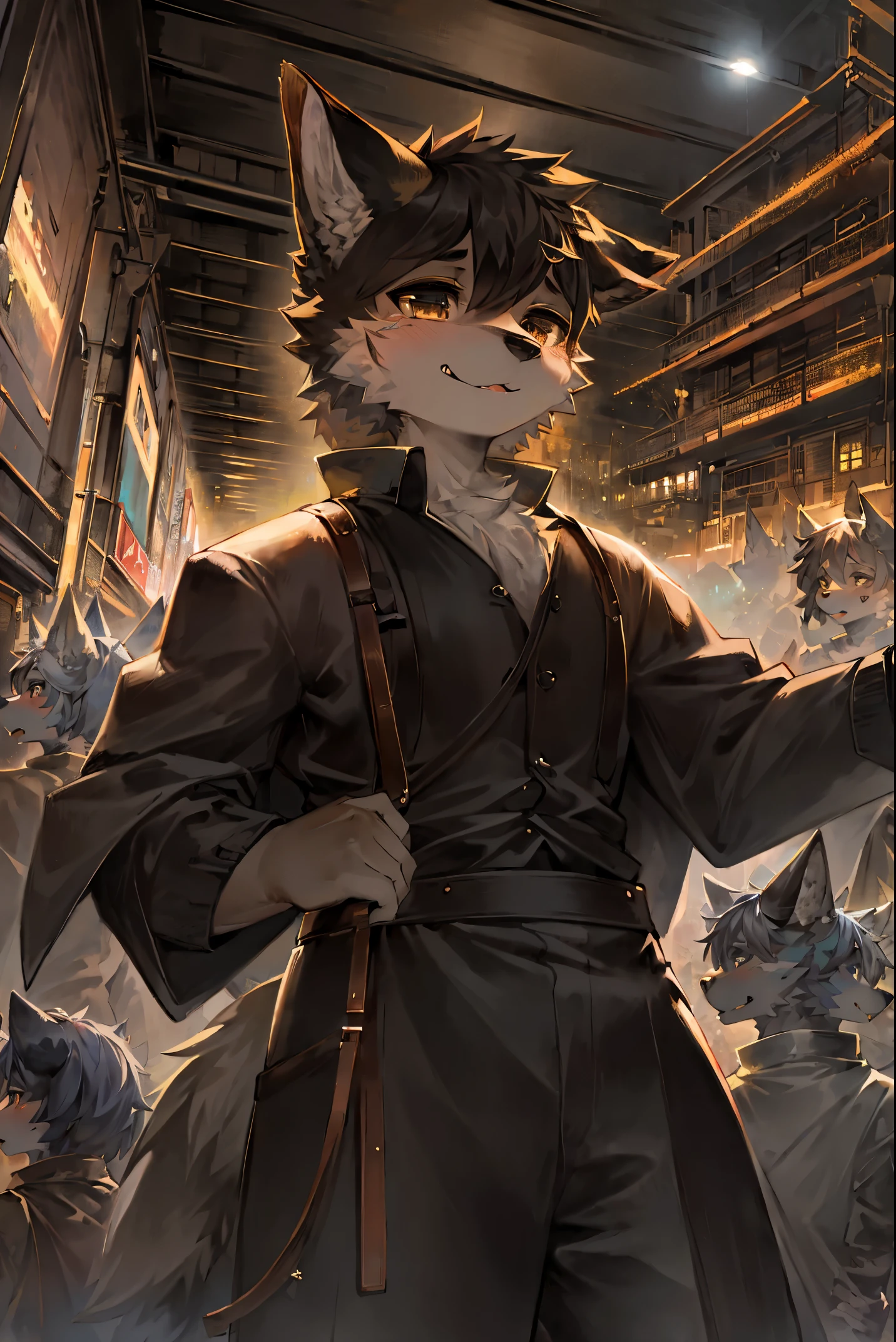 cover page, highres, top quality, best quality, paid reward available, unparalleled masterpiece, perfect artwork, absurdres, High-quality illustrations, super high resolution, detailed background, Crowded cityscape, Crowd, perfect anatomy(6+girls, 6+boys)(kemono)(furry)(Furry body, dog facial features, dog body features)(very detailed body fur)low angle full shot, shot from behind,