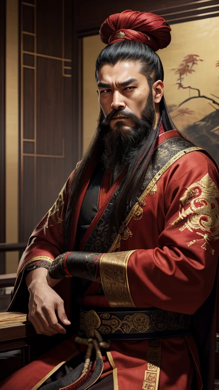 oriental、man in ancient chinese clothes、ancient chinese hairstyle man、three kingdom、multiple warlords、highest quality、masterpiece、ultra high resolution、(realistic:1.4)、game poster、Clear and beautiful image quality、Red clothes、long beard、Embroidered cloth wrapped around a topknot、indoor、angry face