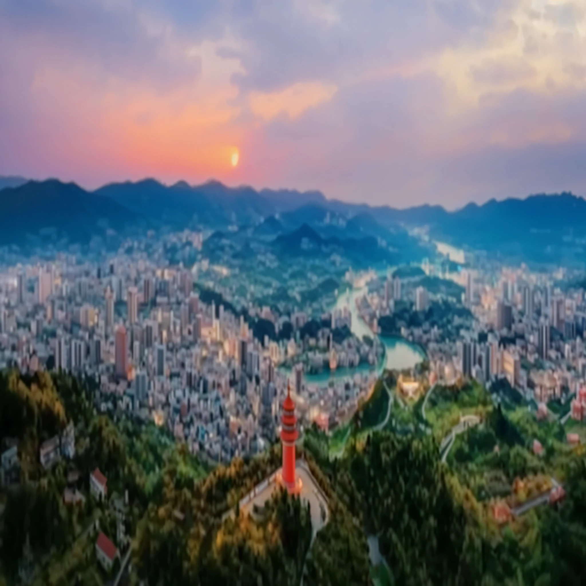 Arafad view of the city with a red tower in the center, Aomori, China, Panoramic view of the whole city, beautiful city, Dream China Town, nagasaki, Drone overlooking the city, Shenzhen, sunset sunrise, Guangjian, a long shot, Seoul, Chinese dreamland, japanese city, User photo, daoshi, beautiful iwakura