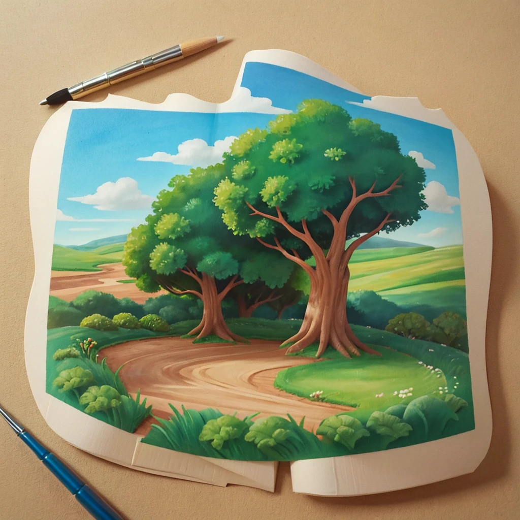 pintura feita em estilo aquarela, Feito em estilo desenho de cartoon, onde podemos ver uma estrada de terra que passa entre rios tumultuosos, cercada de vales obscuros e montanhas, in a desert setting, Use the watercolor technique used to create the image, highlighting the soft brushstrokes and translucent colors that bring the scene to life, com algumas tamareiras,
