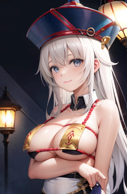 masterpiece, 1 girl, alone, white hair, Lower ?????, hat, Light_Smile, Ofda, Porcelain dress, arms crossed, whole body, outdoor, Hang lanterns, night, East moment, cover_??????，whole body，??????????