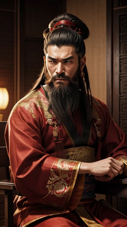 oriental、man in ancient chinese clothes、ancient chinese hairstyle man、three kingdom、multiple warlords、highest quality、masterpiece、ultra high resolution、(realistic:1.4)、game poster、Clear and beautiful image quality、Red clothes、long beard、Embroidered cloth wrapped around a topknot、indoor、angry face、take a seat