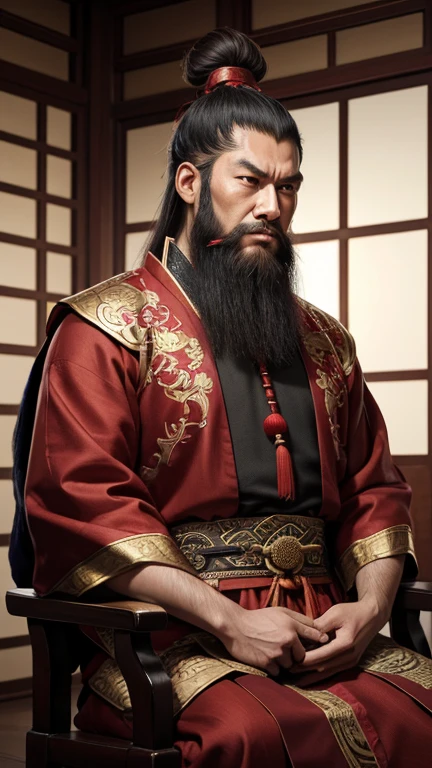 oriental、man in ancient chinese clothes、ancient chinese hairstyle man、three kingdom、multiple warlords、highest quality、masterpiece、ultra high resolution、(realistic:1.4)、game poster、Clear and beautiful image quality、Red clothes、long beard、Embroidered cloth wrapped around a topknot、indoor、angry face、take a seat