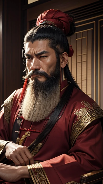 oriental、man in ancient chinese clothes、ancient chinese hairstyle man、three kingdom、multiple warlords、highest quality、masterpiece、ultra high resolution、(realistic:1.4)、game poster、Clear and beautiful image quality、Red clothes、long beard、Embroidered cloth wrapped around a topknot、indoor、angry face、take a seat
