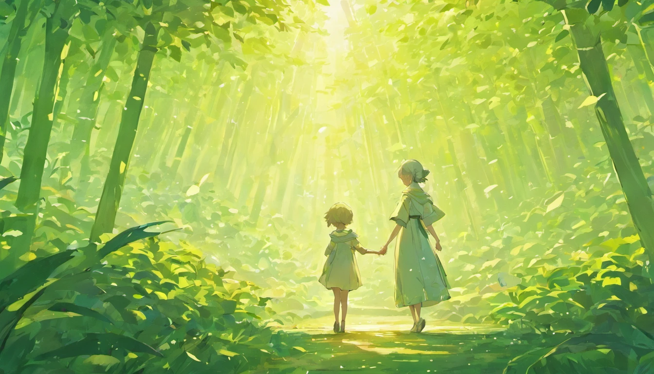 A mother looks at her child with a gentle smile(boy)Gently put transparent feathers on the back of、A world of pale sunlight filtering through the leaves where life is born、watery forest、fantasy、Japanese style super high quality animation movie、anime manga style illustration、Xin Haicheng