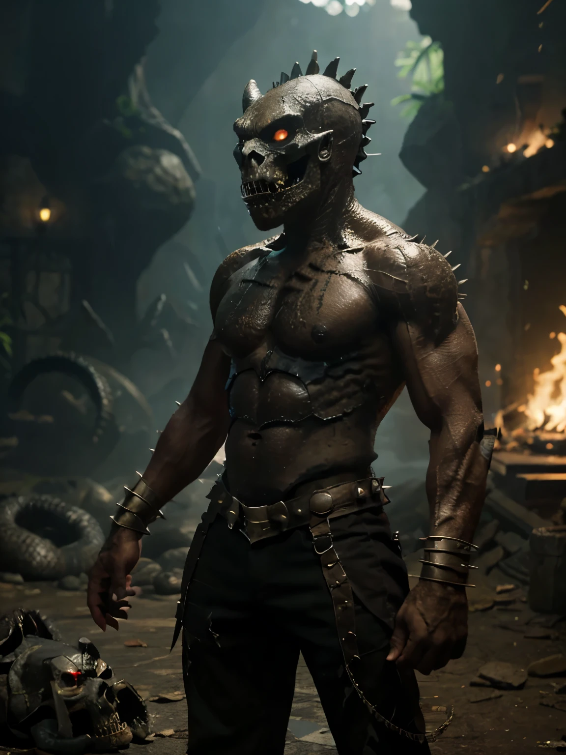 is a snake/crocodile like monster but it had long arms with a spike of the elbow, hands have 3 fingers and claws, ,have spikes on my back,and it looks rotton and decayed, and its bottom jaw can split into two and it have six eyes and my upper body is covered in armor but it's under belly has less armor and is 20 feet,and it looks like a skullcrawer from kong:skull Island
