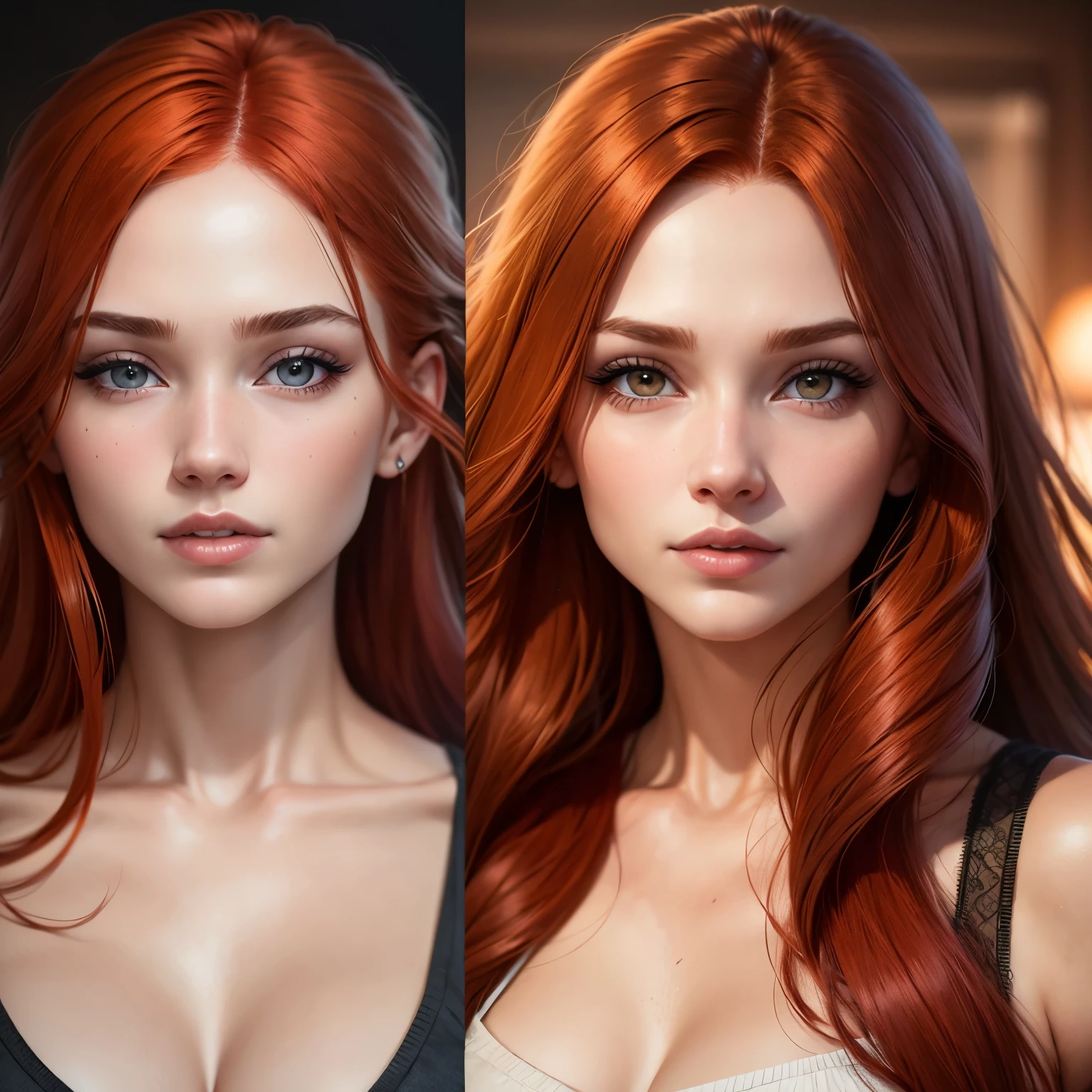 Realistic face features of redhead woman 22 years old.