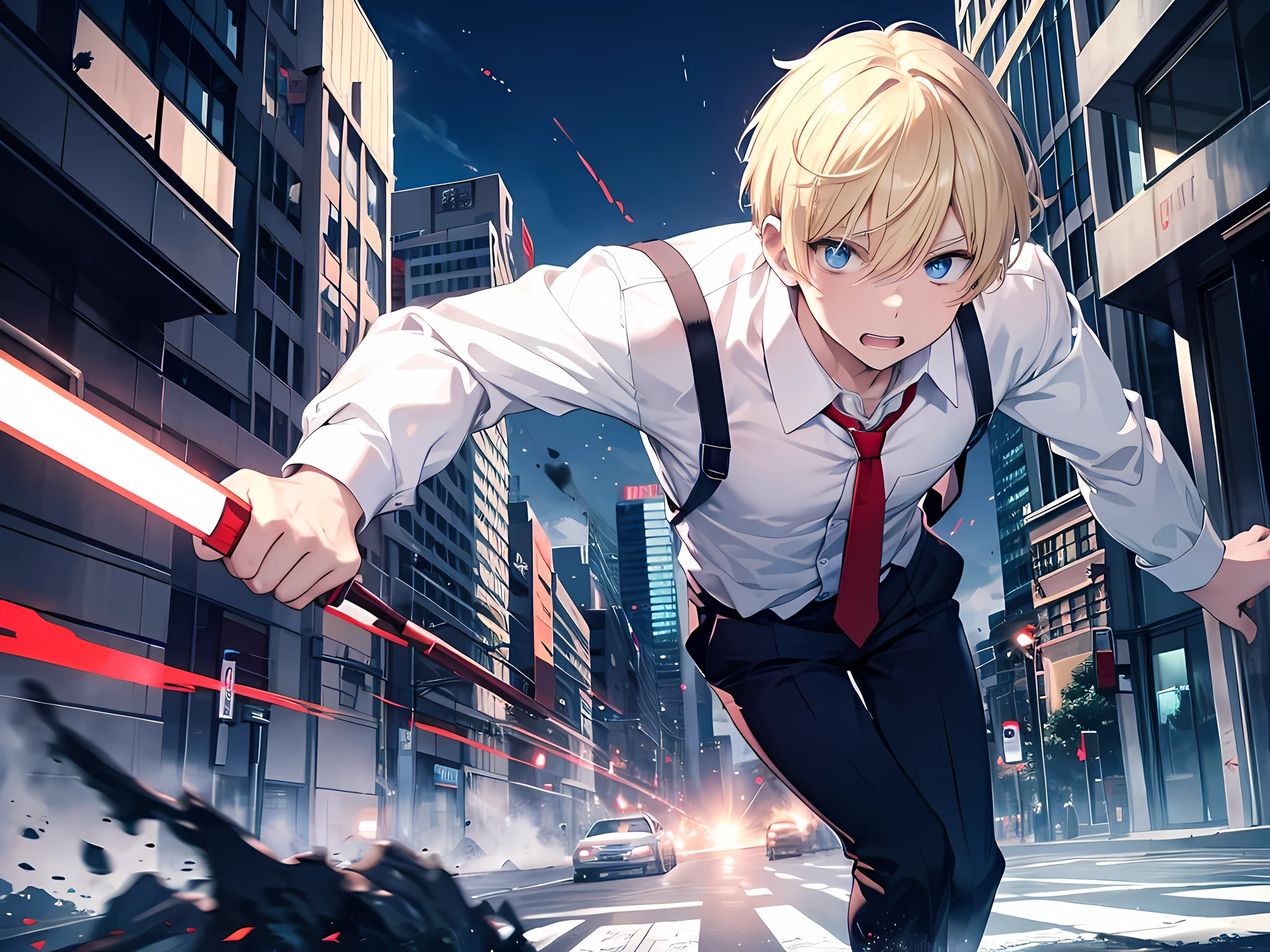 1 man, blonde short hair, blue eye colors, white shirt with red tie, running, scared face, showing his teeth, monster apocalypse, the background is destroyed city