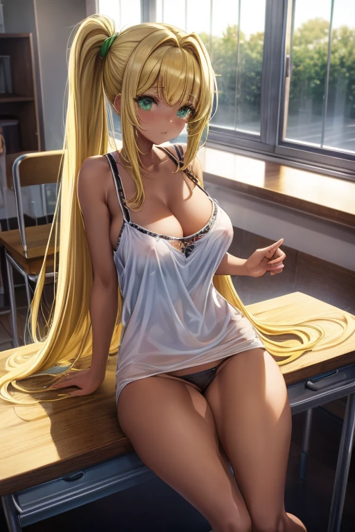 Loli, full body, rim light, blonde hair, green eyes, low ponytail, parted bangs, camisole, high contrast, long hair, HDR, tan skin, covered erect nipples, classroom, on the table