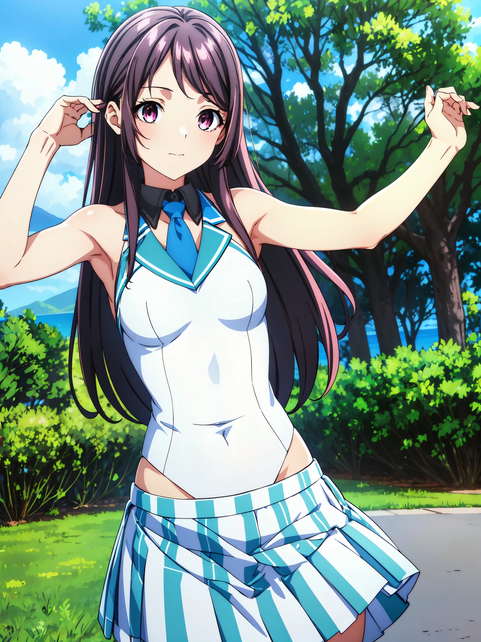 Show your armpits,Kaori Hojo, girl, (masterpiece: 1.1), (highest quality: 1.1), Upper body bikini, (white bikini: 1.1), (plaid mini skirt: 1.1), mini high waist skirt, break [green grass: pink, :0.5] theme, (Urban background: 1.1), denim lens, break Silver, length, green eyes, landscape, small chest, low length, girl, big breasts,