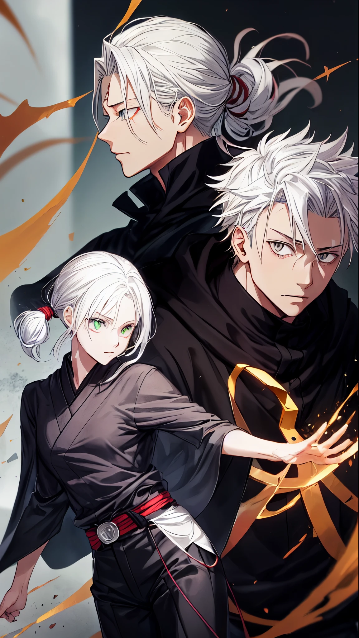 man,strong body,green eyes,medium length hair,(white hair),((hair tied back)),black hair elastic,black cloak,black pants,jujutsu kaisen sorcerer clothes,jujutsu kaisen art style,perfect jawline,masterpiece,detailed face,golden star earring,realistic anime.