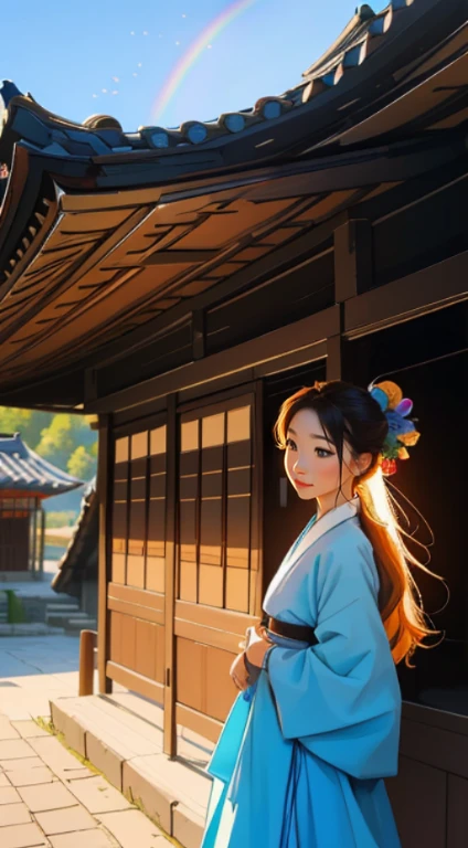 A beautiful girl wearing a hanbok styled clothing is standing in front of a traditional Korean brick house (hanok) with a colorful tiled roof. The girl has long, flowing hair and is striking a creative pose that exudes elegance and grace. The landscape painting in the background depicts a serene scene with rolling hills, blooming flowers, and a clear blue sky. The artwork is drawn in a vibrant and vivid art style, with intricate attention to detail and ultra-fine brushstrokes. The overall image quality is of the highest standards, with a resolution that is best quality, UHD, and portrait-oriented. The colors in the painting are rich and varied, with a rainbow of vibrant hues that bring the artwork to life. The lighting in the scene is soft and natural, creating a warm and inviting ambiance.