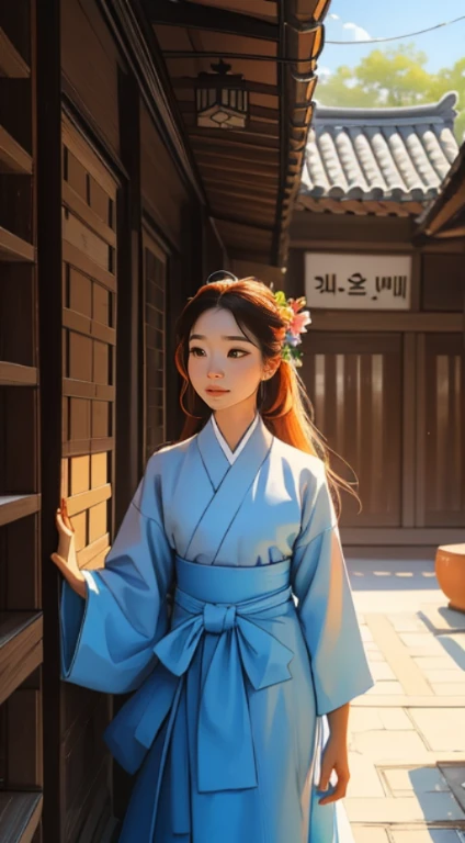 A beautiful girl wearing a hanbok styled clothing is standing in front of a traditional Korean brick house (hanok) with a colorful tiled roof. The girl has long, flowing hair and is striking a creative pose that exudes elegance and grace. The landscape painting in the background depicts a serene scene with rolling hills, blooming flowers, and a clear blue sky. The artwork is drawn in a vibrant and vivid art style, with intricate attention to detail and ultra-fine brushstrokes. The overall image quality is of the highest standards, with a resolution that is best quality, UHD, and portrait-oriented. The colors in the painting are rich and varied, with a rainbow of vibrant hues that bring the artwork to life. The lighting in the scene is soft and natural, creating a warm and inviting ambiance.