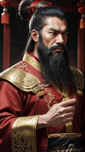 oriental、man in ancient chinese clothes、ancient chinese hairstyle man、three kingdom、multiple warlords、highest quality、masterpiece、ultra high resolution、(realistic:1.4)、game poster、Clear and beautiful image quality、Red clothes、long beard、Embroidered cloth wrapped in a topknot、indoor、angry face、machine