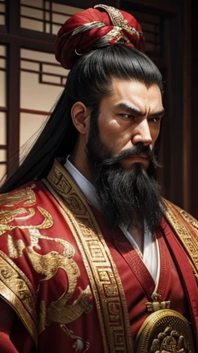 oriental、man in ancient chinese clothes、ancient chinese hairstyle man、three kingdom、multiple warlords、highest quality、masterpiece、ultra high resolution、(realistic:1.4)、game poster、Clear and beautiful image quality、Red clothes、long beard、Embroidered cloth wrapped in a topknot、indoor、angry face、machine