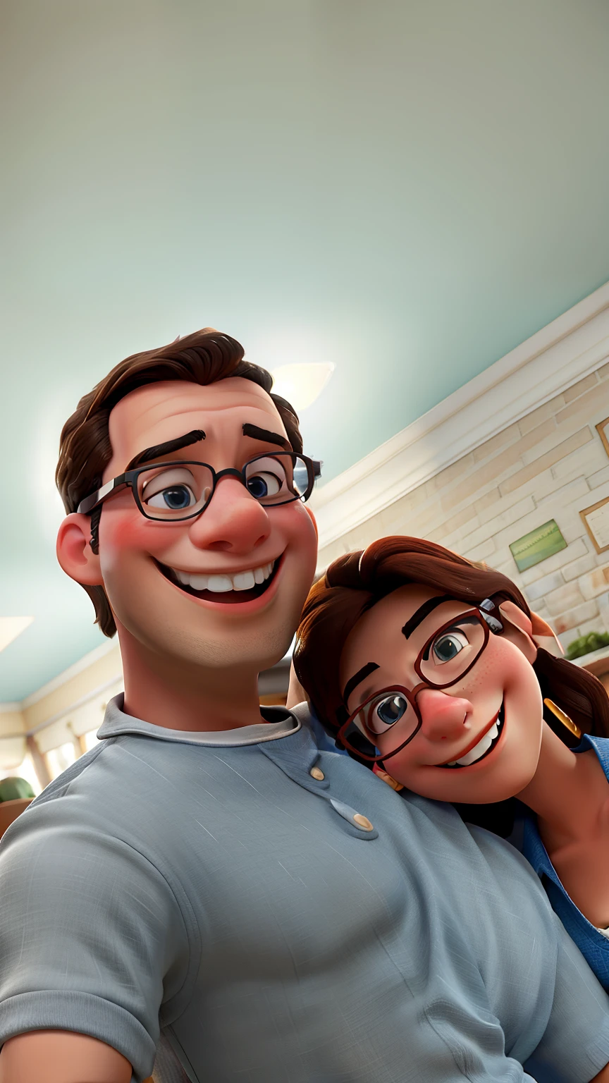 Disney Style Couple With Glasses Smiling In Restaurant.