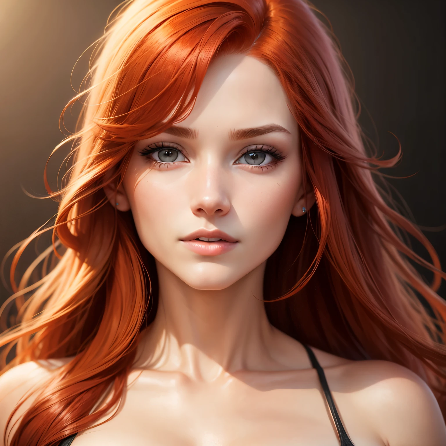 Realistic face features of redhead woman 22 years old.