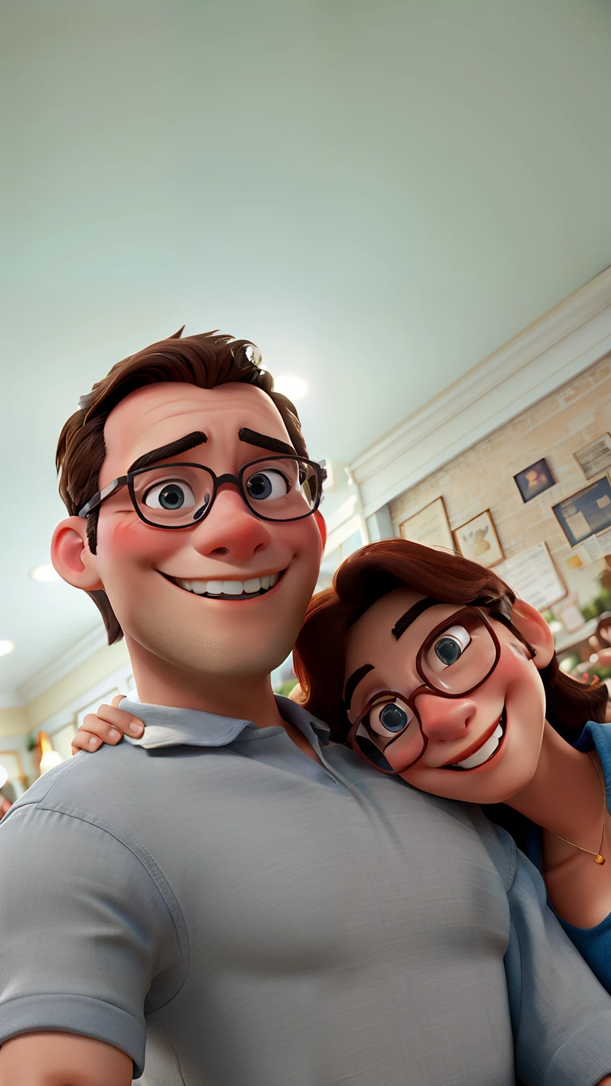 Disney Style Couple With Glasses Smiling In Restaurant.