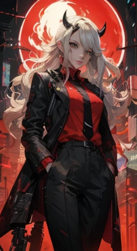 
a woman in a red shirt and black coat standing in front of a red moon, anime cyberpunk art, anime cover, persona 5 art style wlop, digital cyberpunk anime art, high detailed official artwork, digital cyberpunk - anime art, trending on artstration, detailed digital anime art, digital art from danganronpa, anime style illustration, by Yang J