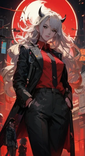 
a woman in a red shirt and black coat standing in front of a red moon, anime cyberpunk art, anime cover, persona 5 art style wlop, digital cyberpunk anime art, high detailed official artwork, digital cyberpunk - anime art, trending on artstration, detailed digital anime art, digital art from danganronpa, anime style illustration, by Yang J