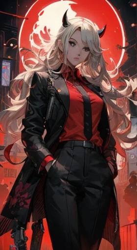 
a woman in a red shirt and black coat standing in front of a red moon, anime cyberpunk art, anime cover, persona 5 art style wlop, digital cyberpunk anime art, high detailed official artwork, digital cyberpunk - anime art, trending on artstration, detailed digital anime art, digital art from danganronpa, anime style illustration, by Yang J