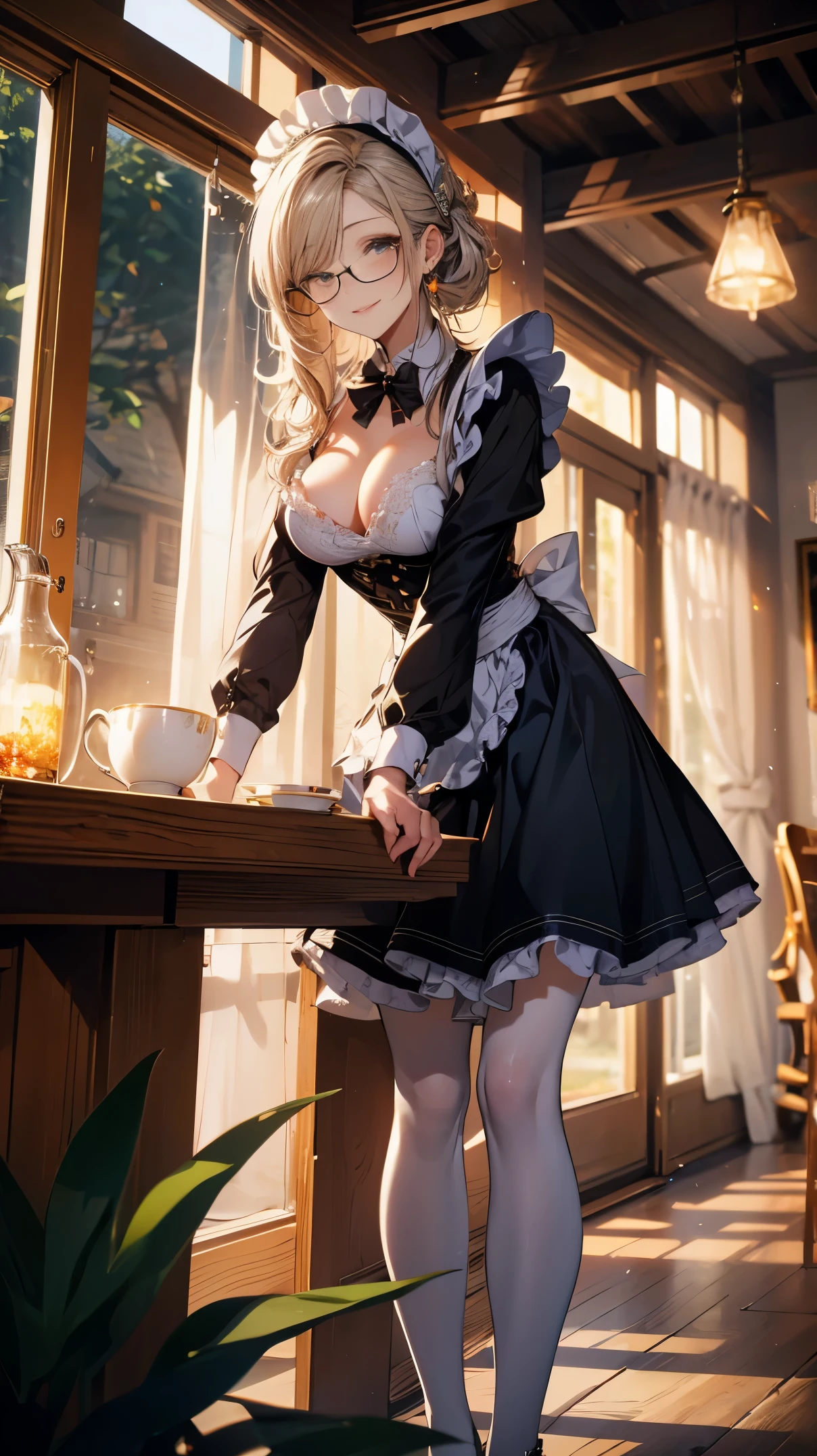 (best quality, masterpiece), (ultra high resolution, 8K RAW photo, photo realistics:1.5, cinematic lighting, textile shading, thin outline, clear focus:1.2), Beautuful Matured woman preparing tea_party in the garden, standing by the round table, serving a cup of tea, leaning forward, (meisen's tea set, tea pot, tea cups, some cakes on dish), delicate and classy French style white table with gold accents and royal_blue, (wearing light_brown maid uniform:1.37, breast cleavage, maid costume:1.2, long flare skirts, apron, bow ties on the chest), long tall sally, long legs, white hair, (wearing thin-flame glasses:1.2), (milf:1.5, 28 years old, solo), (large breast, sagging breast, big tits, narrow waist), (medium short white hair, hair over one eye, (updo hair:1.2), side lock, asymmetric hair, wavy hair), (bright pupils, fine detailed eyes with highlight:1.3, high detailed face, Perfect face shape, eye rush), (seductitve smiling, half-closing eyes:1.2), (looking at viewers:1.3), (dutch angle, full body, from below:1.2), ((correct anatomy:1.5, correct hands)), (ideal ratio of body proportions), (outdoor:1.2, grass field), 