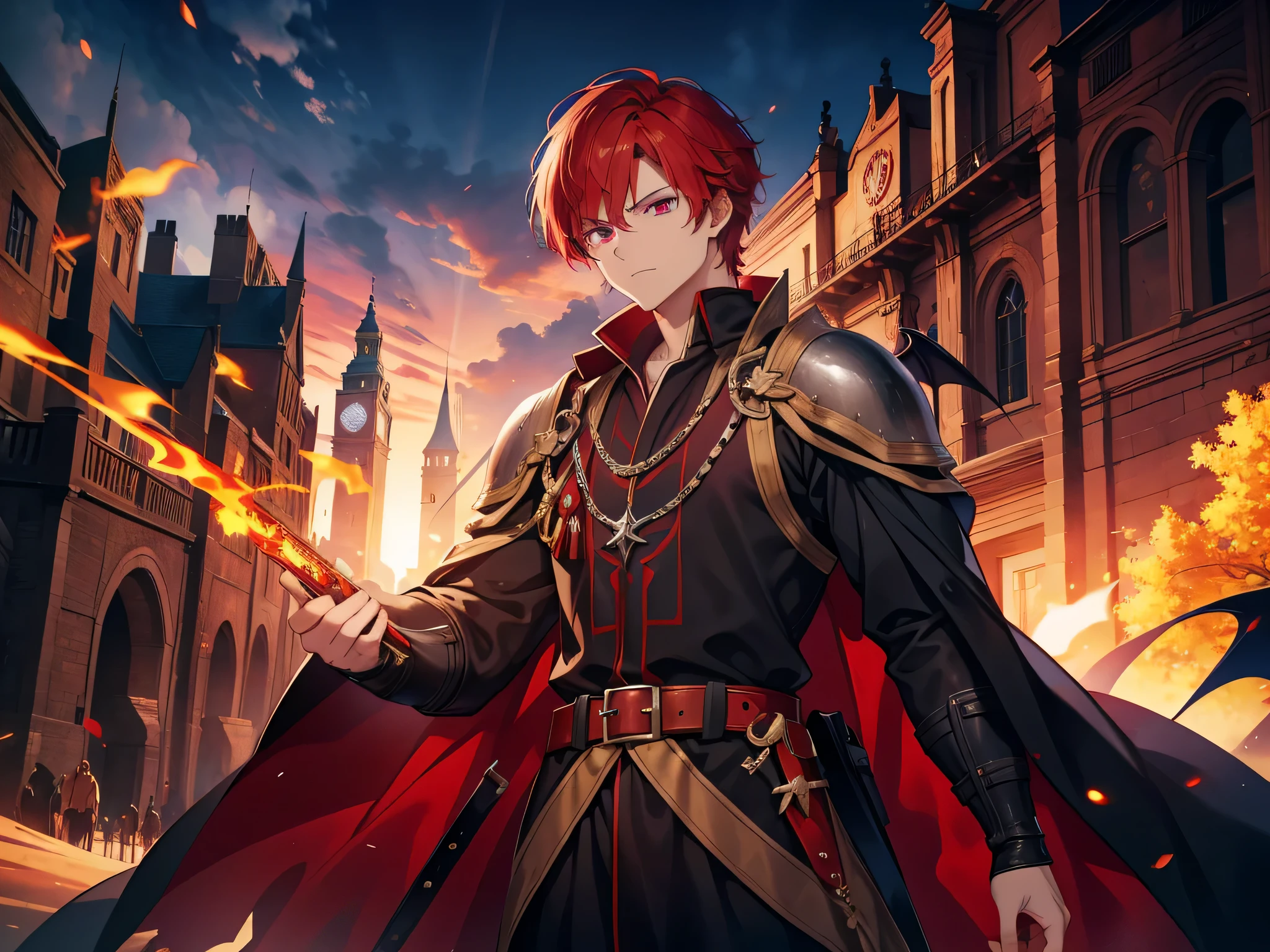 1 man, the strongest warrior, red hair, red eye colors, face to detail, detailed eyes, medieval era outfit, the background is medieval era city, powerful aura surrounding his body, demon lord aura, magical aura, cowboy shot