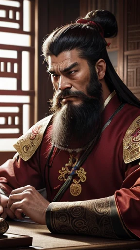 oriental、man in ancient chinese clothes、ancient chinese hairstyle man、three kingdom、multiple warlords、highest quality、masterpiece、ultra high resolution、(realistic:1.4)、game poster、Clear and beautiful image quality、Red clothes、long beard、Embroidered cloth wrapped in a topknot、indoor、angry face、There's a desk in front of you